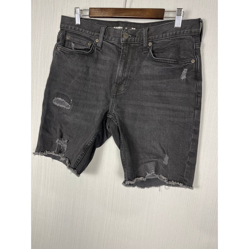 Old Navy Slim Denim 8" Shorts Mens 34 Black Built-In Flex Distressed Edgy Grunge